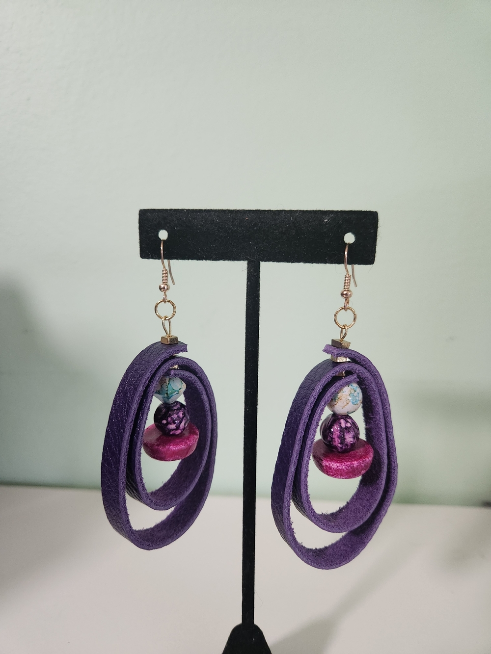 Handmade Purple Loop Earrings with Turquoise Accent - Picture 2 of 2